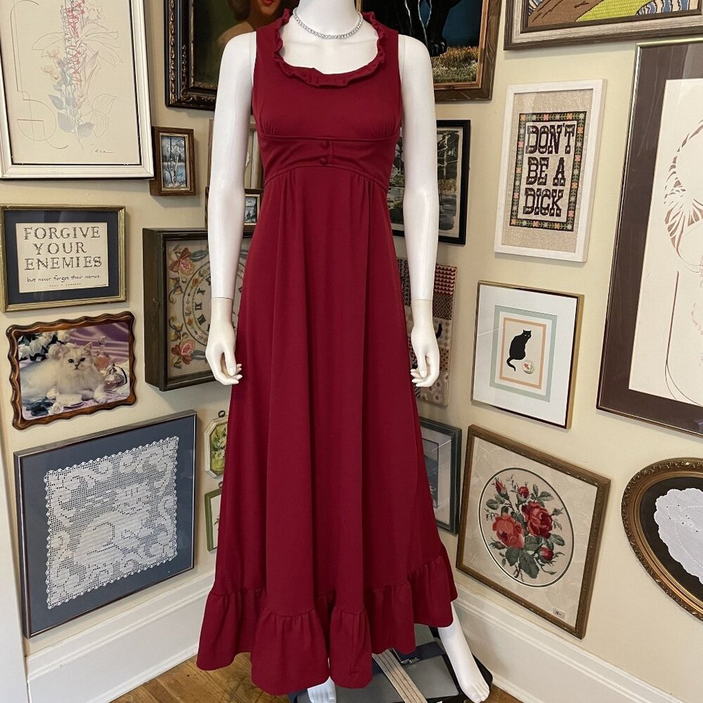 70s Vintage Burgundy Polyester High Waist Maxi Dress With Ruffled Neckline & Hem